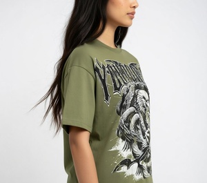 Camiseta de Manga Corta para Hombre, Estampado Gráfico Personalizado de Águila y Serpiente, Verde Oliva, Estilo Urbano, Algodón Grueso, Lavado Vintage, Talla Grande, Venta al por Mayor - Product Image 5