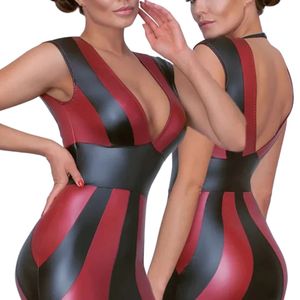 Women's Black Red PU Leather Bodycon Dress Deep V Neck Sleeveless Backless Midi Party Clubwear Contrast Color Blocking Fitted - Product Image 1