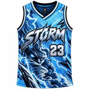 Camiseta Deportiva de Baloncesto para Hombre, Azul, con Estampado de Rayos por Transferencia Térmica, de Secado Rápido, Transpirable, de Poliéster, sin Mangas - Product Image 1