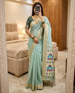 Nouveau sari de mariage en coton Muga vert clair doux et pur avec bordure tissée Meenakari, tenue de mariage indienne traditionnelle - Product Image 1