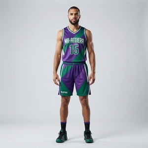 Ensemble Maillot et Short de Football Personnalisé Ma-Attiera Violet Vert, Motif Géométrique, Maille Respirante, Uniforme d'Équipe pour Hommes Adultes, Sublimation - Product Image 3