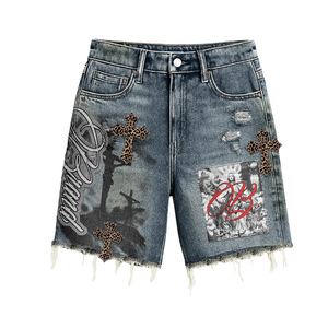 Sweat à capuche oversize pour homme en coton French Terry 500 g/m², respirant, avec logo imprimé DTG personnalisé, strass et fermeture éclair, style streetwear hiver, et short en jean. - Product Image 6