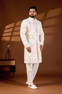 Sherwani Botanique Premium Royal Divine Pearl, Base Divine Touch, Multicolore Pastel, avec Fil Dhaga, Perles Fines et Paillettes, pour Tenue de Mariage - Product Image 6