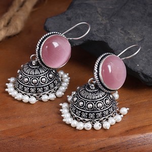Pendientes Jhumka de Latón Rosa con Piedra Monalisa, Plata Oxidada, Perlas de Imitación Hechas a Mano, Estilo Étnico Indio Bohemia para Boda, Venta al por Mayor - Product Image 6