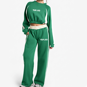 Hot Selling Relaxed fit Crop Top Sweatshirt & Baggy Jogger <b>Set</b> Casual Wear Breathable Fashionable COlor Block Sweatsuit - Product Image 4