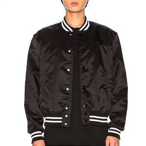 Veste en satin noir pour homme avec col, poignets et ourlet à rayures blanches Coupe régulière Style décontracté Polyester Vêtements de rue OEM - Product Image 2
