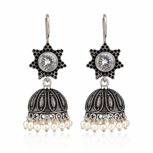 Pendientes Jhumka de Plata Oxidada con Zirconia en Forma de Estrella, Diseño de Última Moda, Hechos a Mano, de Latón, Estilo Bohemio Tribal, para Mujer, Ideales para Fiestas - Product Image 2