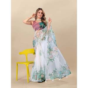 DESIGNER ORGANZA DIGITAL IMPRIMÉ SAREE AVEC BLOUSE INCOUSÉE VERT - Product Image 1