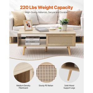 <b>Mid</b>-Century Modern 42-Inch Rattan Coffee Table with Boho Style Two <b>Layers</b> Rectangle Wood Storage Coffee Tables Product Category - Product Image 3