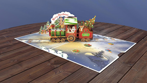 Tarjeta de felicitación navideña 3D emergente con tren de Papá Noel y escena de casa de jengibre, troquelada en papel con laminado brillante, tarjeta festiva - Product Image 1