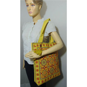 Yellow Block Print <b>Canvas</b> Tote Bag <b>Large</b> Capacity Durable Zip Compartment Mobile Pocket <b>Plain</b> Back Reusable Cotton Handle Custom - Product Image 2