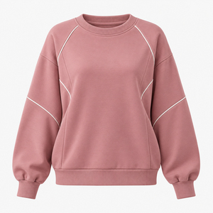 Custom <b>Women's</b> <b>Sweatshirt</b> With <b>White</b> Piping Detail Relaxed Balloon Sleeves Ribbed Crew Neck Casual Athletic Pullover Wholesale - Product Image 1
