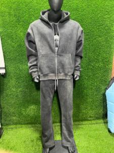Men 100% Cotton Fleece Distressed Embroidery Applique Tracksuit Breathable Acid Washed Oversized <b>Hoodie</b> & Pants Tracksuit Set - Product Image 1