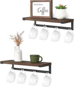 Soporte de pared de madera para tazas de café con pizarra, estante moderno para tazas de té, ganchos colgantes para almacenamiento en cocina, estación de café. - Product Image 2