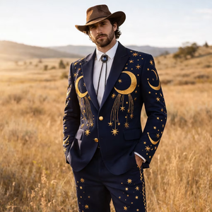 Conjunto de traje azul marino con bordado celestial para hombre – Blazer de diseño con estrellas y luna estilo vaquero occidental con pantalones - Product Image 1