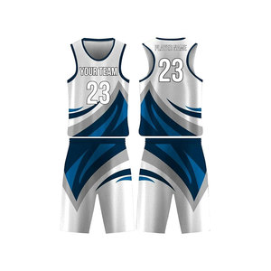 Ensemble de maillots de basket personnalisés bleu et blanc à imprimé géométrique, sublimé, anti-humidité, unisexe, pour adultes, sans manches, col rond - Product Image 1