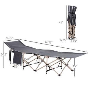 Lit de camping pliable inclinable pour adultes, gris, portable, en fer, pour dormir en extérieur, avec sac de transport et poches latérales pour les voyages et les vacances - Product Image 3