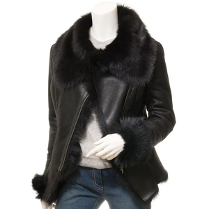 Women's Genuine Sheepskin Leather Motorcycle Jacket With Fox Fur Collar And Cuffs Winter Style Zipper Closure - Product Image 2
