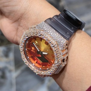 Reloj de Lujo para Mujer, Cuarzo Analógico-Digital, Caja con Pedrería, Esfera de Cristal de Zafiro, Caja de Acero Inoxidable de 45 mm, Esfera Naranja, Correa de Goma - Product Image 2
