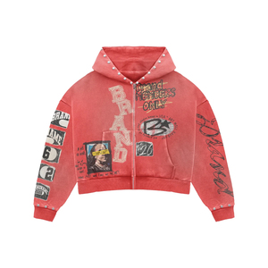 Sweat à capuche court à fermeture éclair et clouté Pink Brand Members Only |   Veste streetwear graphique surdimensionnée |   Vêtements personnalisés OEM à impression intensive - Product Image 6
