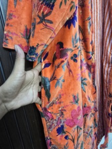 Orange Bird Print Velvet <b>Kimono</b> <b>Long</b> Sleeve Full Length Women's Robe Casual Soft Drawstring Closure - Product Image 2