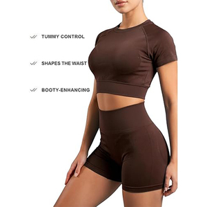 Women Seamless Yoga Set Gym Fitness Wear <b>Crop</b> <b>Top</b> & High Waist Shorts Activewear Workout Set - Product Image 1