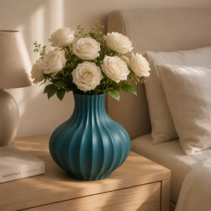 Ribbed <b>Bulb</b> Shape Teal Blue Tabletop <b>Vase</b> Modern Decorative Metal <b>Vase</b> - Product Image 3