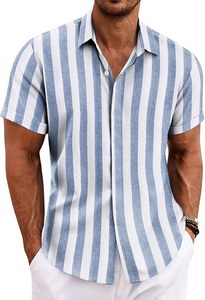 Chemise en lin légère imprimée pour homme, personnalisable avec logo ODM, manches courtes, col à revers, motif floral hawaïen rayé, fermeture cachée - Product Image 3