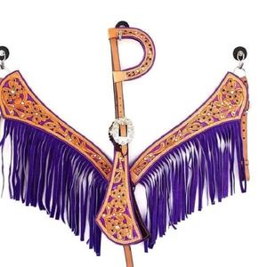 Custom New English Saddle <b>Cow</b> Hide One Ear Leather Headstall <b>Purple</b> Fringes Breast Collar Accessory for Horse Riding Equipment - Product Image 1