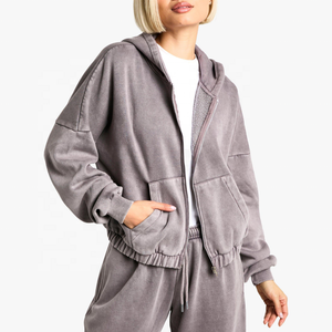 Customize Street Wear Zip Hoodie <b>Jogger</b> Sweatsuit Women <b>Oversize</b> Acid Wash Tracksuit - Product Image 5