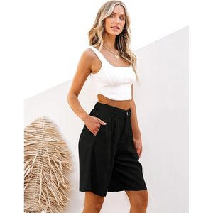 2025 femmes taille haute lin habillé décontracté Bermuda Shorts plissé jambe large été Shorts avec taille élastique motif chaud - Product Image 5