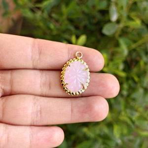 Conector de dijes de calcedonia rosa tallada ovalada, chapado en oro de 18k, engastado con puntas, de latón, con un solo enganche, 12x18mm, componente de joyería - Product Image 4