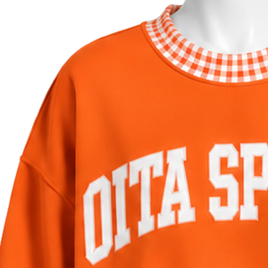<b>Mens</b> <b>Orange</b> Oversized Crewneck <b>Sweatshirt</b> Gingham Check Trim Long Sleeve Casual Pullover Fashion Streetwear Athletic Sports Top - Product Image 5