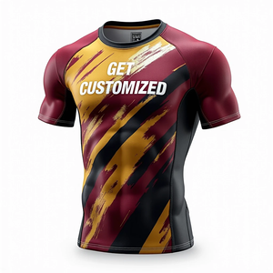 Camiseta Deportiva de Compresión de Manga Corta para Hombre, Color Granate con Estampado Gráfico Dorado, Personalizada, para Entrenamiento Atlético, Gimnasio, Rendimiento Deportivo - Product Image 1