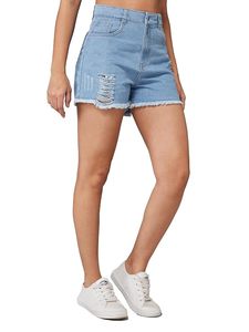 Shorts de mezclilla ecológicos para mujer, de cintura media, con volantes, dobladillo deshilachado, cinturón, corte regular, casuales, de verano, de algodón - Product Image 5