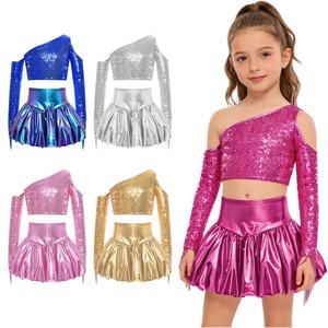 Conjunto de Falda y Top Corto Metálico para Niñas de 8 a 16 Años, Traje de Baile de Salón para Actuaciones, Fiestas, Espectáculos, Cumpleaños, Falda Latina, Ropa Latina - Product Image 1