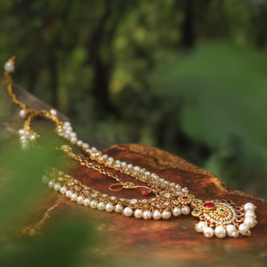 Cultural Collectible Women's Wedding Three-Layered Matte Maang Tikka with Pearls Gold Plated Alloy Jewelry Set - Product Image 3