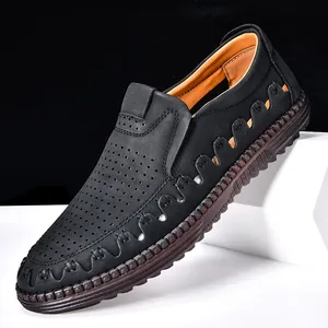 Chaussures d'été pour hommes en cuir respirant ajouré 2025, faites à la main, de marque, mocassins de conduite, baskets plates décontractées, chaussures habillées pour hommes 38-48 - Product Image 1