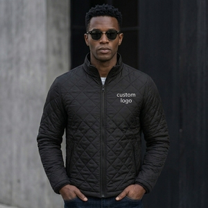 Men's Black Quilted <b>Jacket</b> With Custom Logo Front Zipper Stand Collar Casual Autumn Wear Windproof Polyester Wadding - Product Image 1