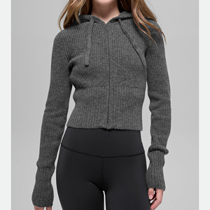 Suéter de Punto con Capucha y Cierre para Mujer, Color Sólido, Manga Larga, Corto, Antipilling, Ecológico, para Otoño e Invierno - Product Image 6