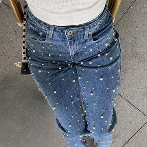 Jeans déchirés sur mesure pour femmes, taille haute, coupe évasée, respirants, en denim, pour tenue décontractée, OEM - Product Image 4