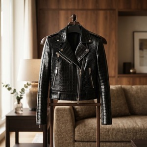 Veste moto en cuir véritable noir gaufré crocodile pour femme, manches longues, col rabattu, automne, longueur normale, fermeture éclair - Product Image 1