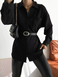 Oversize Summer Woven V-neck Casual <b>Black</b> Long Sleeve Shirt Dress Women High Quality - Product Image 2