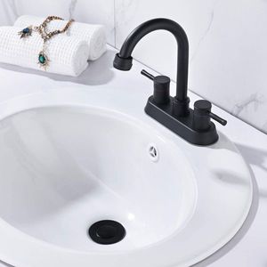 Rubinetto per lavabo bagno nero opaco con braccio alto, scarico a scomparsa in acciaio inossidabile a 3 fori e tubo flessibile - Product Image 1