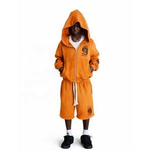 Ensemble survêtement homme personnalisé en molleton de coton épais de haute qualité, comprenant un sweat à capuche zippé et un short, orange, style vintage délavé à l'acide - Product Image 1