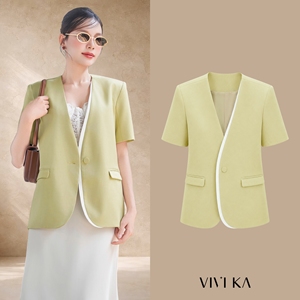 Blazer Elegante para Mujer, Color Verde Menta, Casual, de Oficina, Manga Corta, Sin Cuello, con Ribete en Contraste, Corte Entallado, SAYA - Product Image 1