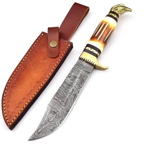 Couteau de chasse artisanal en acier Damas à pointe tombante avec manche en os et pommeau en laiton, lame fixe, couteau de survie pour l'extérieur - Product Image 3