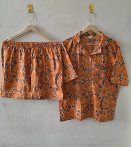 Conjunto de Pijama de Verano de Algodón Marigold, Transpirable, de Secado Rápido, con Estampado de Bloques, Ropa de Dormir Relajante para Noches Tranquilas, de Dos Piezas - Product Image 4