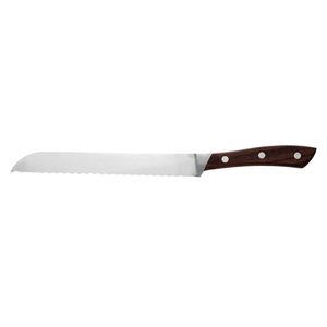 Cuchillos para rebanar pan con mango de madera marrón, hoja dentada plateada, agarre de tres remaches, herramienta de corte de cocina para panes frescos y baguettes - Product Image 1