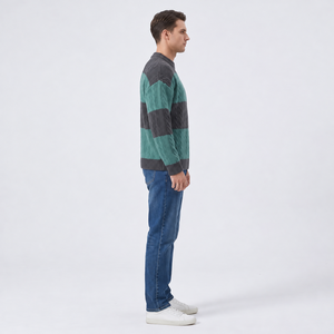 Teal Green and Charcoal <b>Grey</b> Striped Cable Knit Sweater Crew Neck Long Sleeve Textured Winter Pullover <b>sweatshirt</b> for <b>men</b> - Product Image 3